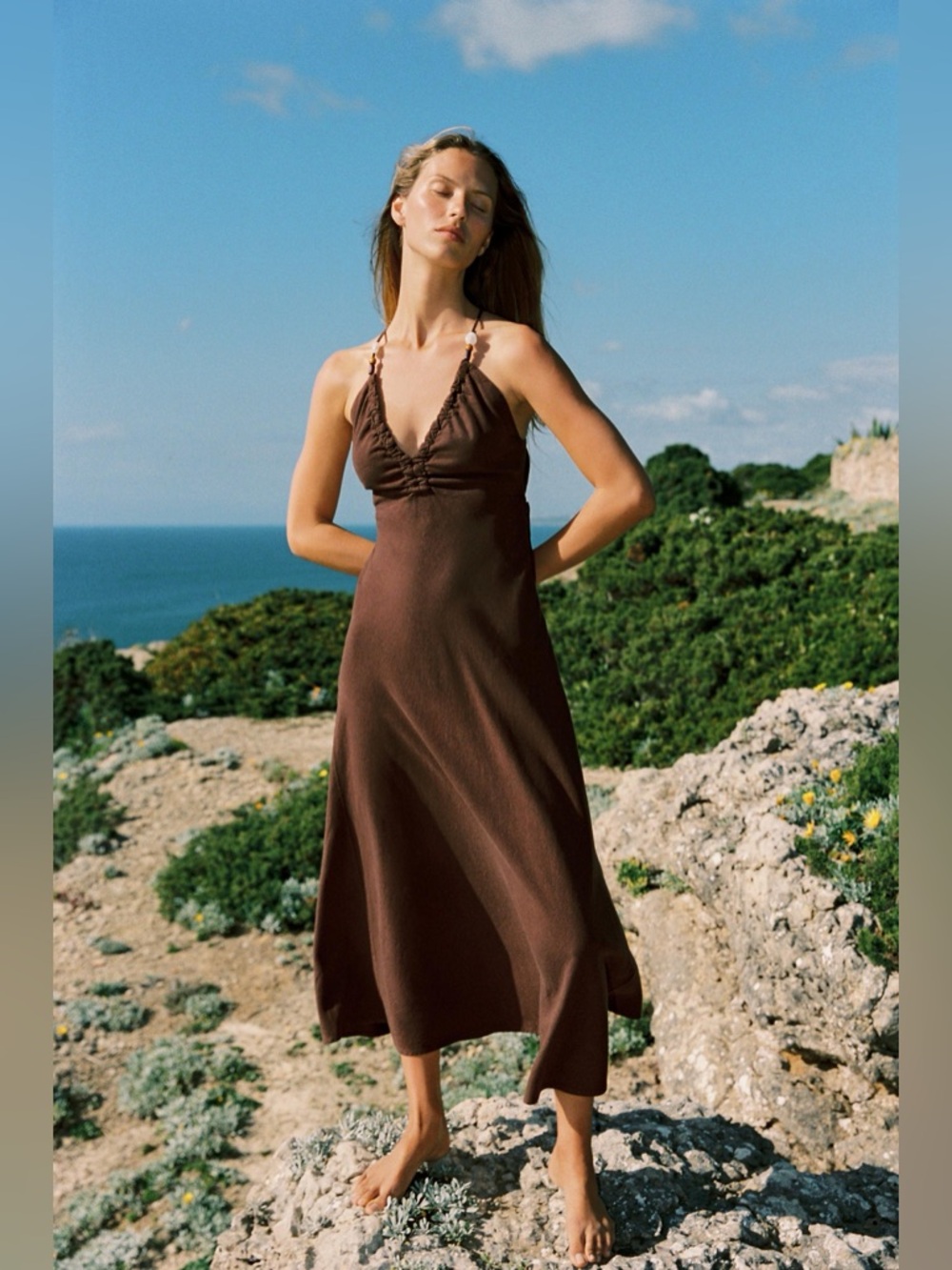 Zara Brown Linen Beaded Boho Summer Midi Dress